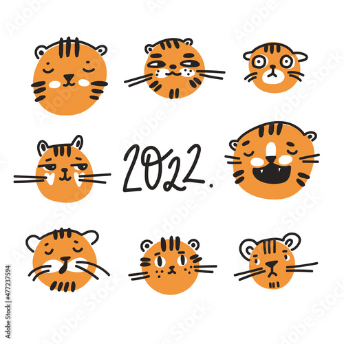 Cute funny cartoon tigers in naive kid drawn style. Collection of emoji. Tiny animal muzzles.
