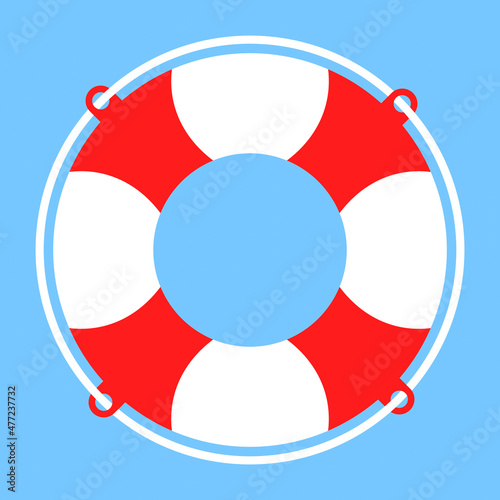 Vector lifebuoy with rope in red and white on blue background, icon - help, rescue or help symbol