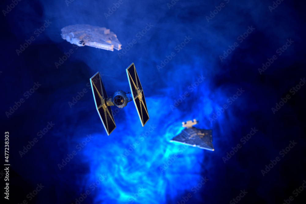 Obraz premium Photo of star wars tie fighter, millennium falcon and star destroyer shot on april 26 2020