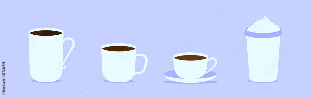 Obraz premium Coffee mug in flat style. A set of three cups, stock vector.