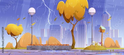 City park with bench at rainy weather, autumn rain scenery cityscape, public place with yellow trees, birdhouse, flowerbed, puddles, street lamps and wet tiled pathway. Cartoon vector illustration
