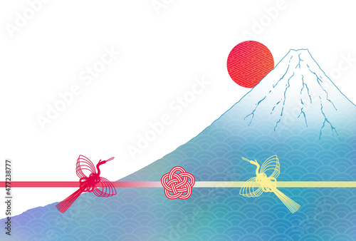 ハガキ　日の出富士に水引の鶴と梅のイラスト 2