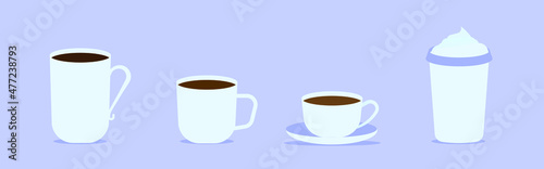 Coffee mug in flat style. A set of three cups, stock vector.
