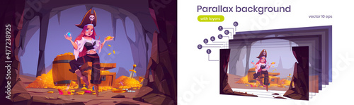 Parallax background pirate girl in treasure cave. Young filibuster woman with leg prosthesis in fantasy magic tomb, separated layers template for 2d adventure game animation, Vector illustration