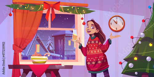 Woman celebrate Christmas or New year. Cheerful girl in knit sweater stand at fir-tree drink champagne and looking through window on winter street with decorated houses, Cartoon vector illustration