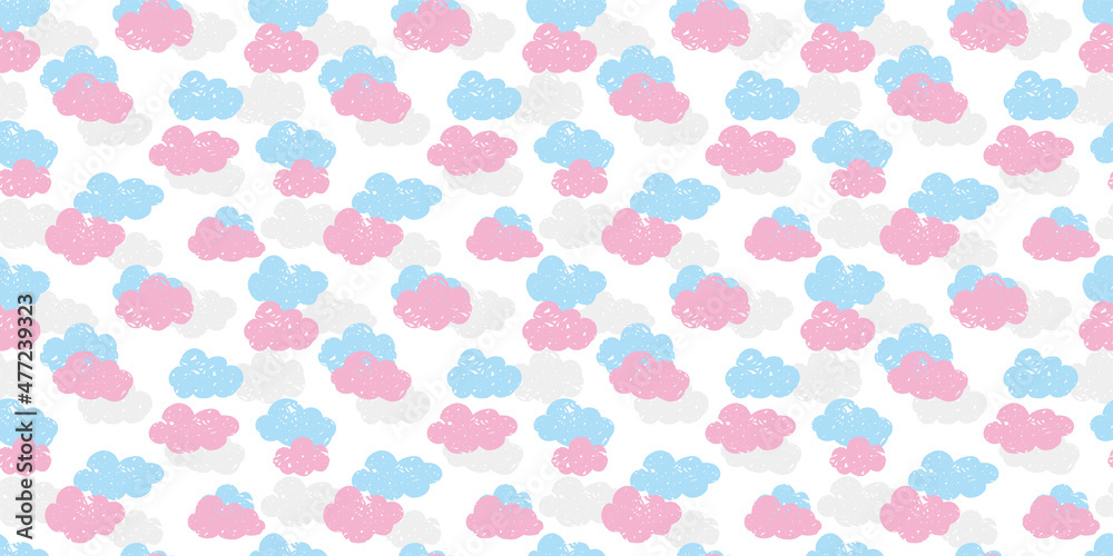 Handwriting clouds background. Seamless pattern. Vector. 手書きの雲パターン