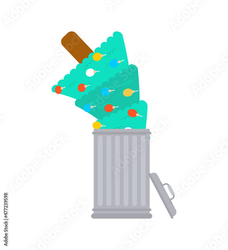 Christmas tree in trash can. Throw away Christmas tree. Throw the holiday in trash. End of holidays concept.