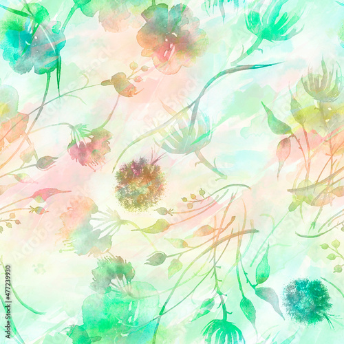 Creative Watercolor seamless pattern. Dandelion flower. Trendy modern pattern. floral pattern. vintage drawings of plants, flowers,branch, berry. Wild plant, grass. A beautiful branch with grass