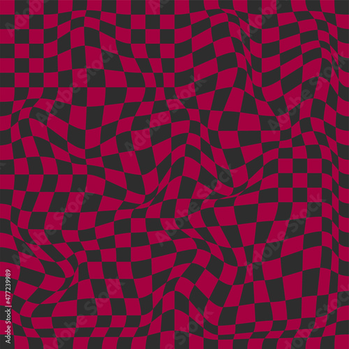 Distorted surface. Chess background with distortion. Optical illusion banner