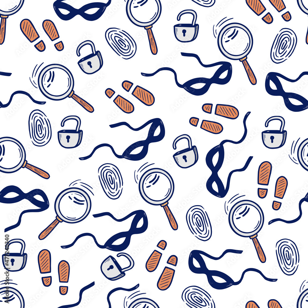 Detective seamless pattern. Hand drawn sketch doodle style crime ...