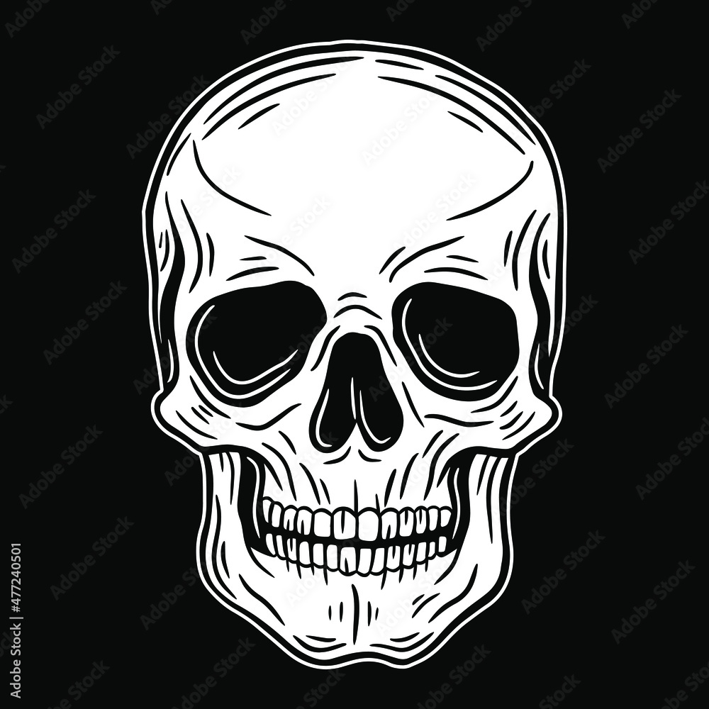 Fototapeta premium Skull Head black and white Hand Drawn tattoo concept Dark Art illustration