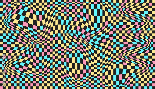 Distorted surface. Chess background with distortion. Optical illusion banner