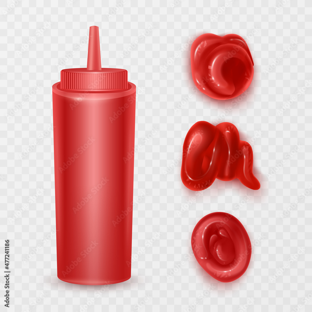 Ketchup stains. Tomato sauce red spots and smears, drops for paste and catsup blobs. Vegetable seasoning sour food realistic 3d vector format