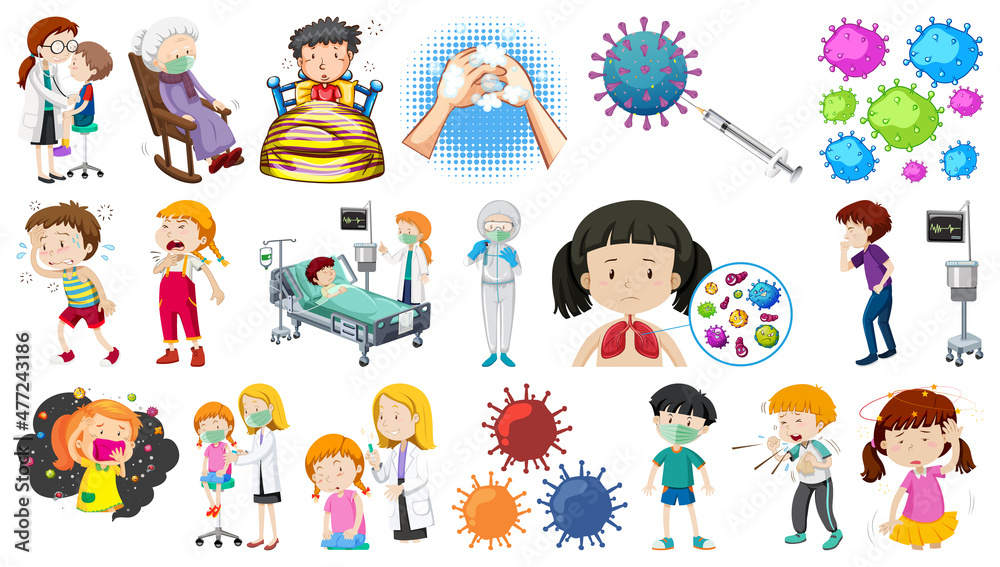 Set of sick people with different symptoms Set of sick people with different symptoms