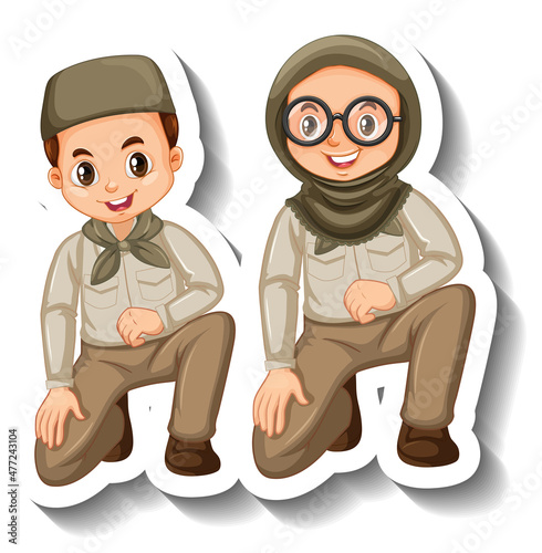 Couple muslim kids wear safari outfit cartoon character sticker
