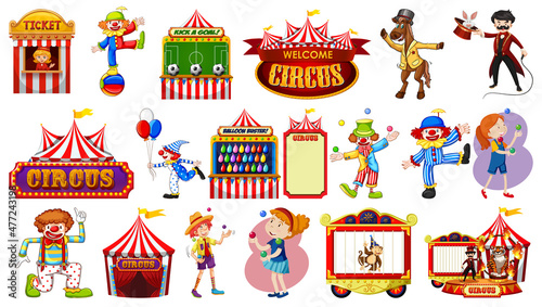 Set of circus characters and amusement park elements