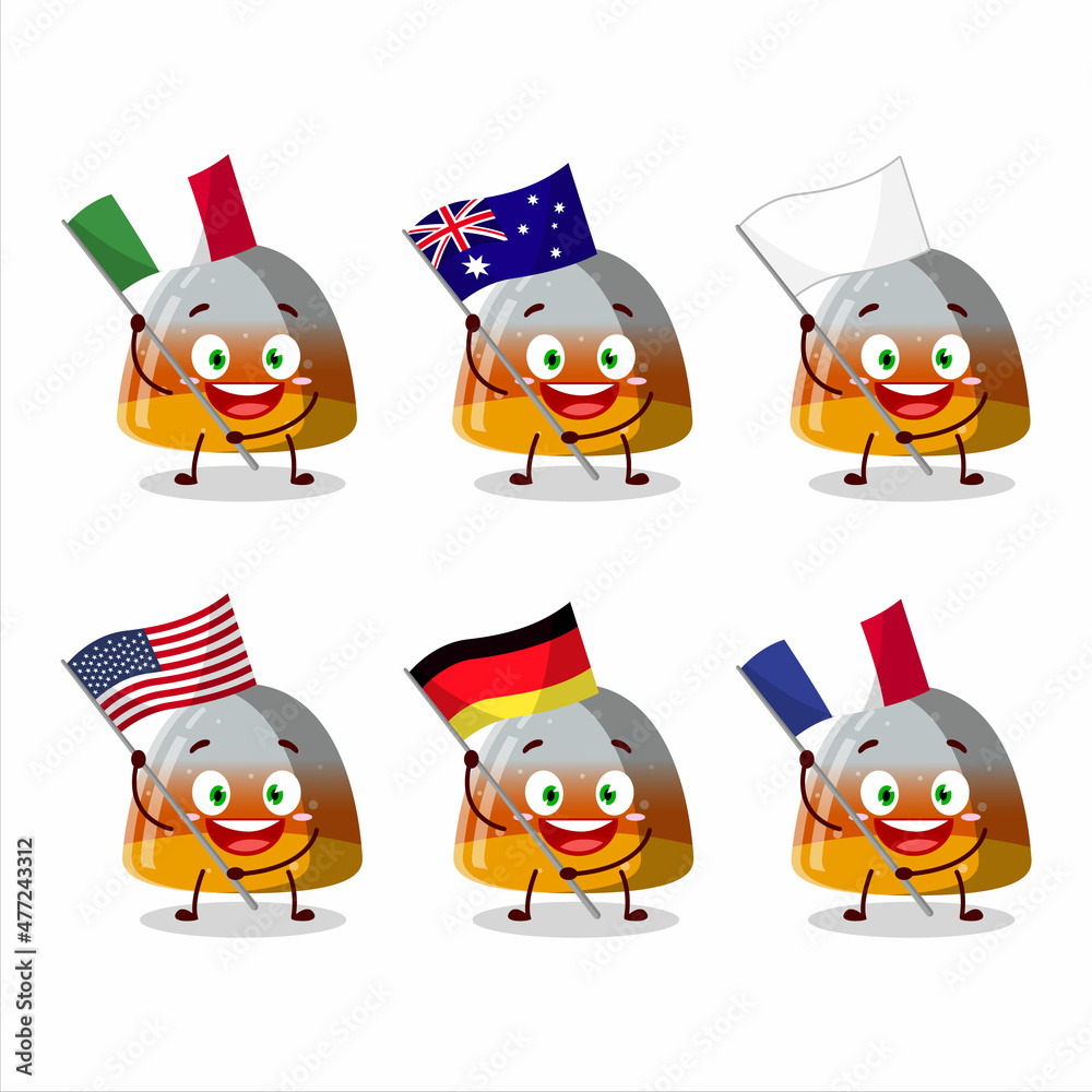 Gummy corn cartoon character bring the flags of various countries