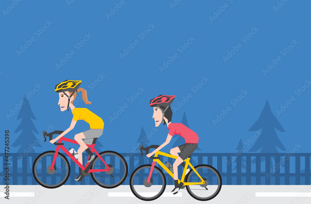 An illustration of two woman riding bike on the road An illustration of two woman riding bike on the road