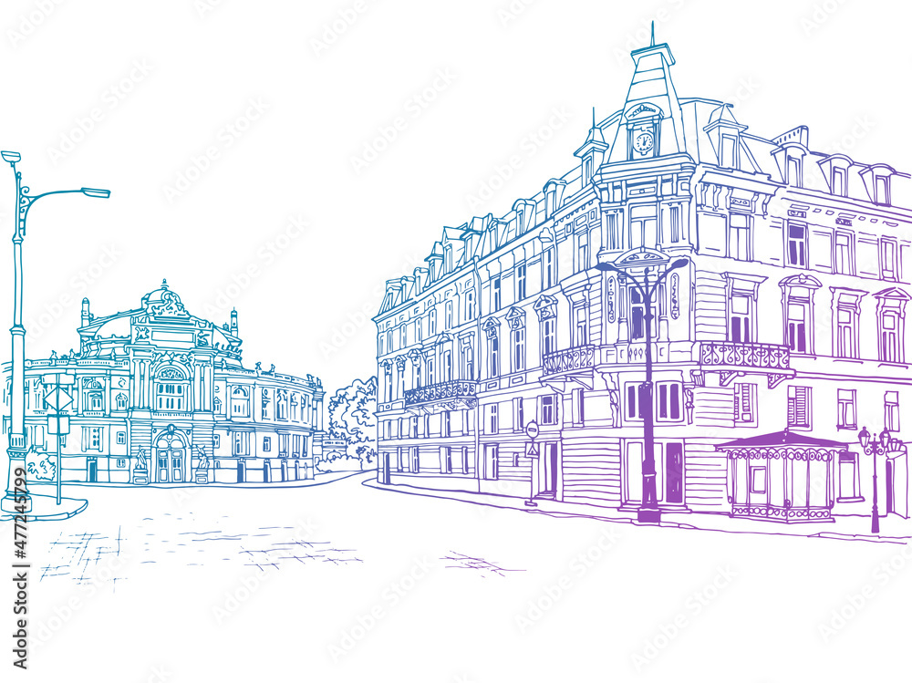 Colourful urban landscape. Old Odessa square. Ukraine. Hand drawn sketch. Line art. Ink drawing. Vector illustration on white. Without people.