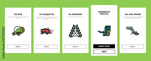 Farm Equipment And Transport Onboarding Mobile App Page Screen Vector. Baler And Manure Spreader Hydroponic And Transplanter Machinery Farm Equipment Line. Tractor And Truck Farmland Car Illustrations