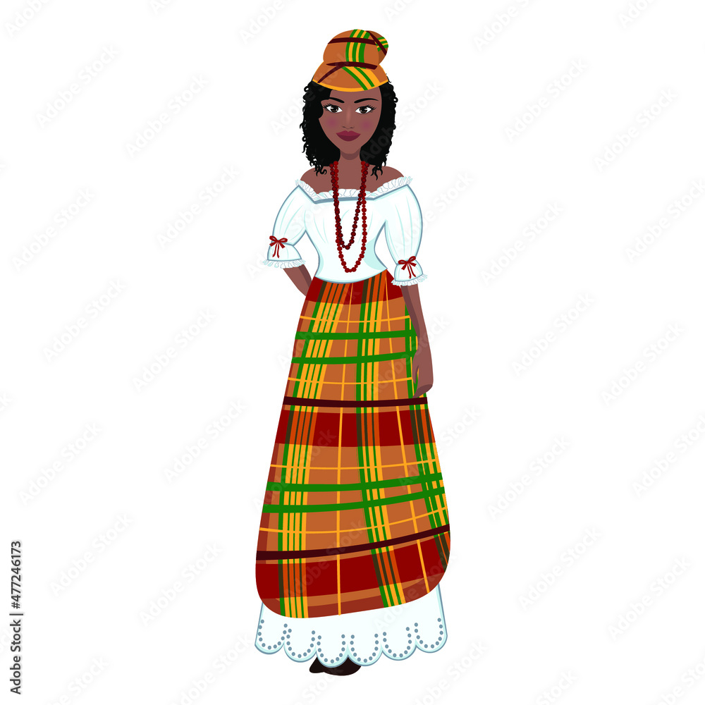 Woman in folk national Jamaica costume. Vector illustration