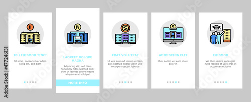 Higher Education And Graduation Onboarding Mobile App Page Screen Vector. Two Four Year Higher Education In College And University, Private Profit Institution And International Admission Illustrations