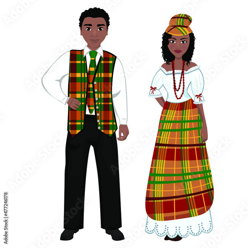 Woman and man in folk national Jamaica costumes. Vector illustration