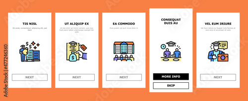 Higher Education And Graduation Onboarding Mobile App Page Screen Vector. Two Four Year Higher Education In College And University, Private Profit Institution And International Admission Illustrations