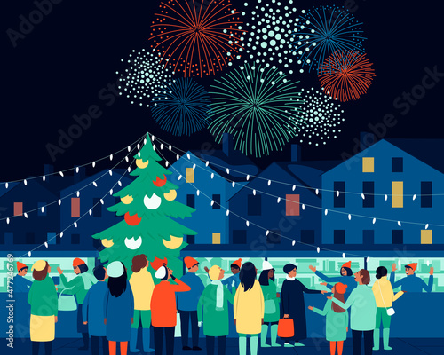 People at the festive fair look at the fireworks in the night sky. Festive fireworks at the fair. Flat vector illustration.