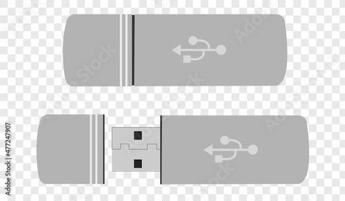 Realistic flash drive mockup set, open and closed. White mockup  on transparent background