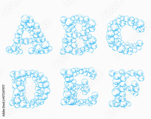 Alphabet of soap bubbles. Water suds letters a, b, c, d, e, f. Realistic vector font isolated on white background