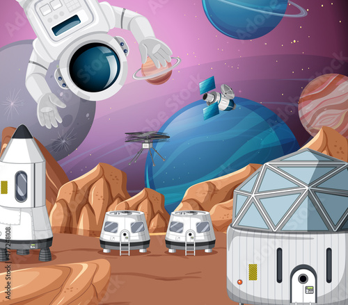 Landscape of planet surface with colony buildings