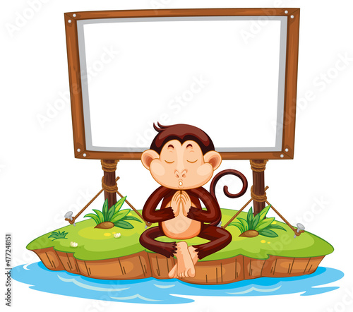 Meditating monkey with blank board on white background