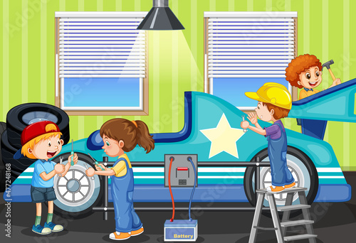 Scene with children repairing car together