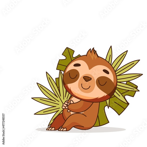 Cute sloth resting in tropical leaves. Postcard in children's cartoon style. Vector illustration for designs, prints and patterns. Vector illustration