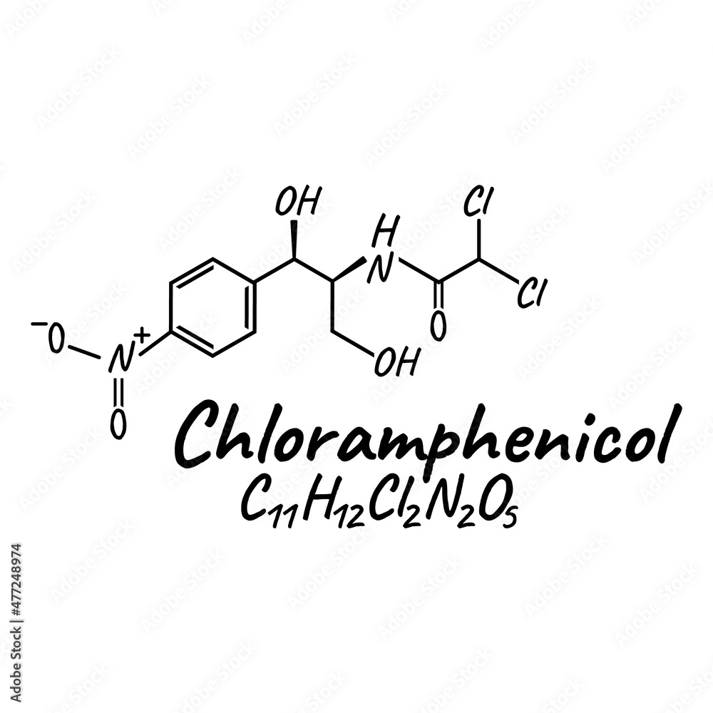 Chloramphenicol antibiotic chemical formula and composition, concept structural medical drug, isolated on white background, vector illustration. Chloramphenicol antibiotic chemical formula and composition, concept structural medical drug, isolated on white background, vector illustration.
