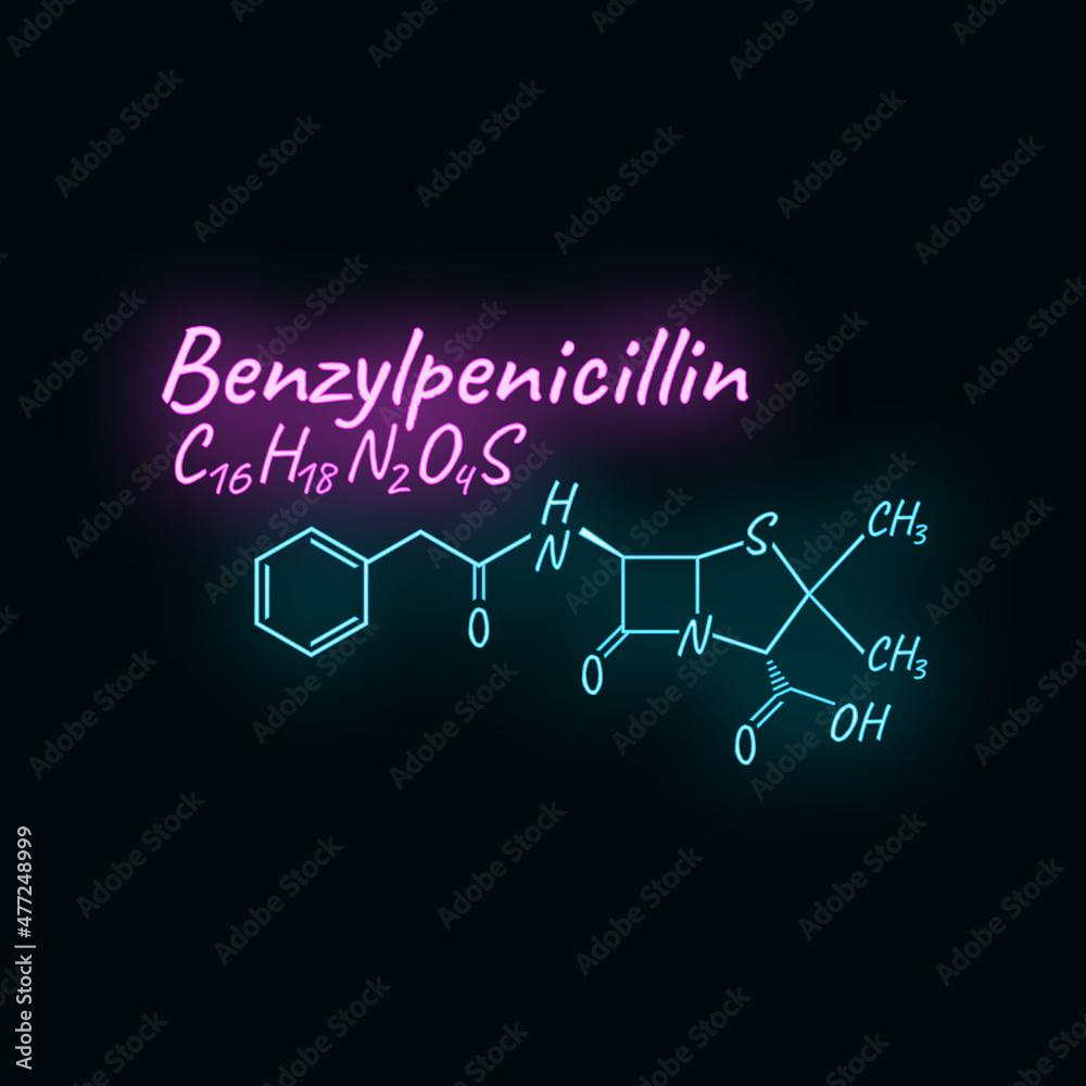Benzylpenicillin antibiotic chemical formula, composition, concept structural drug, isolated on black background, neon style vector illustration.