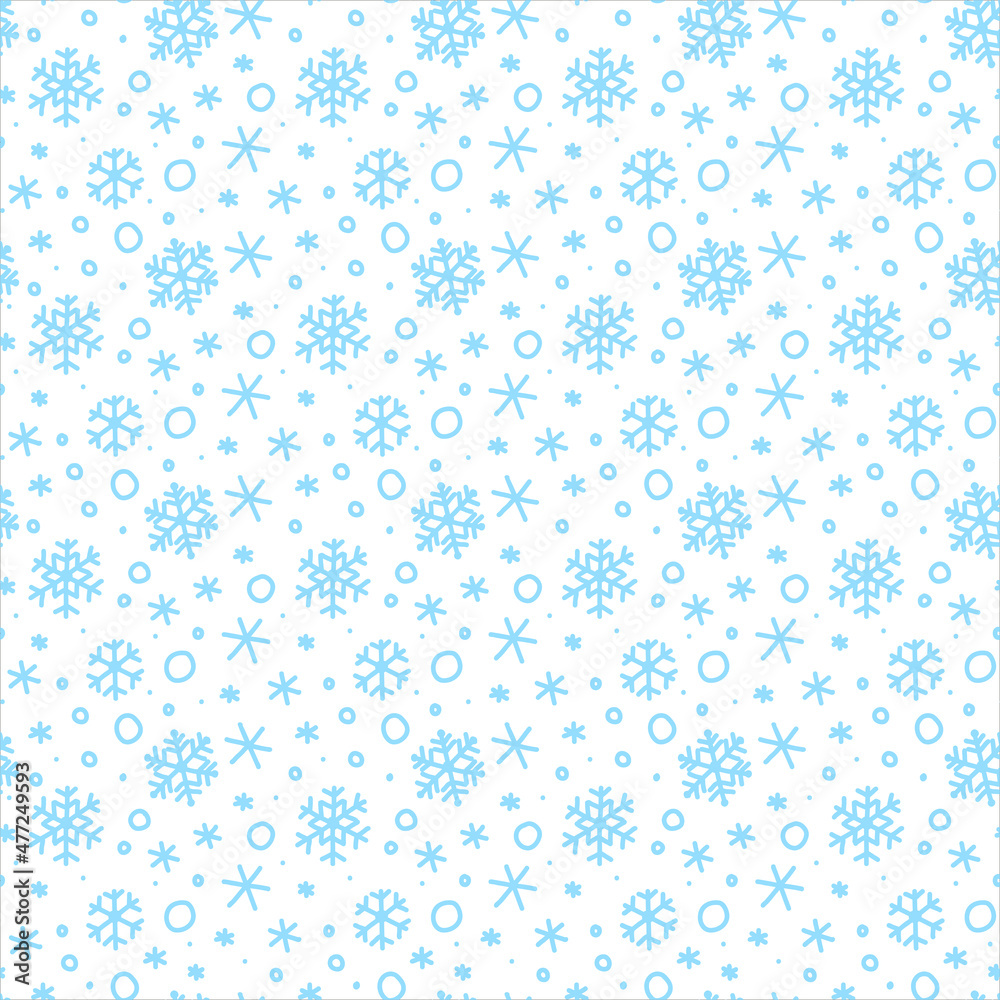 New Year winter vector seamless pattern on a white background blue snowflakes and circles, print on fabric, paper, wallpaper