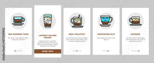 Coffee Types Energy Morning Drink Onboarding Mobile App Page Screen Vector. Espresso And Cappuccino, Macchiato And Latte, Americano And Chocolate Coffee Types Line. Caffeine Hot Beverage Illustrations