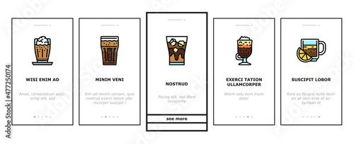Coffee Types Energy Morning Drink Onboarding Mobile App Page Screen Vector. Espresso And Cappuccino, Macchiato And Latte, Americano And Chocolate Coffee Types Line. Caffeine Hot Beverage Illustrations
