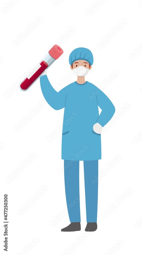 Surgery staff medical worker with test tube of blood isolated on white background, cartoon comic vector character