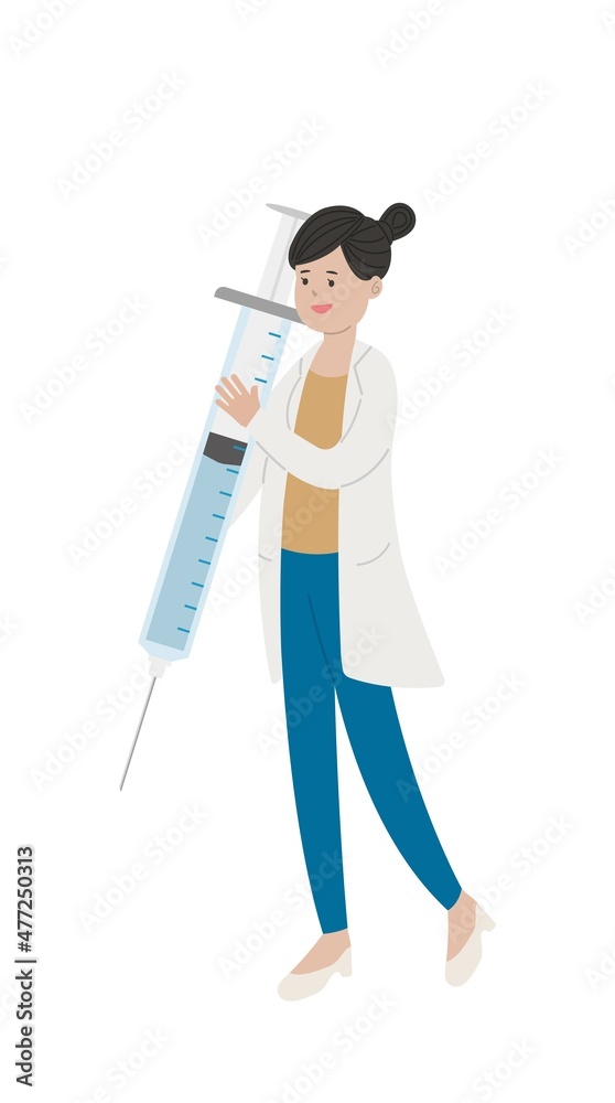 Female doctor medical worker with syringe with vaccine isolated on white background, cartoon comic vector character