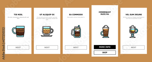 Coffee Types Energy Morning Drink Onboarding Mobile App Page Screen Vector. Espresso And Cappuccino, Macchiato And Latte, Americano And Chocolate Coffee Types Line. Caffeine Hot Beverage Illustrations