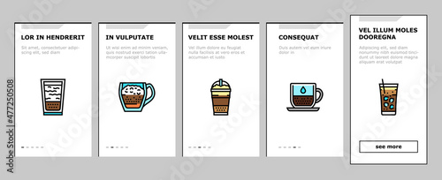 Coffee Types Energy Morning Drink Onboarding Mobile App Page Screen Vector. Espresso And Cappuccino, Macchiato And Latte, Americano And Chocolate Coffee Types Line. Caffeine Hot Beverage Illustrations