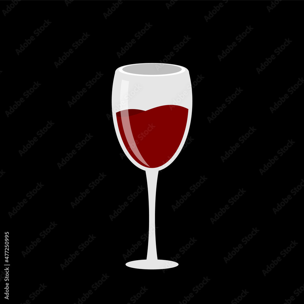 Wine glass isolated on black background. Red wine. Wine card restaurant menu. Crystal red wine glass. Winery sign or symbol. Red wine health benefits concept. Vector illustration, flat, clip art. 