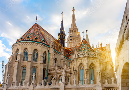 Photography Matthias church in Fisherman Bastion at sunset, Budapest, Hungary