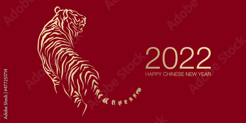 Fototapete Happy Chinese New Year 2022 by gold brush stroke abstract paint of the tiger isolated on red background