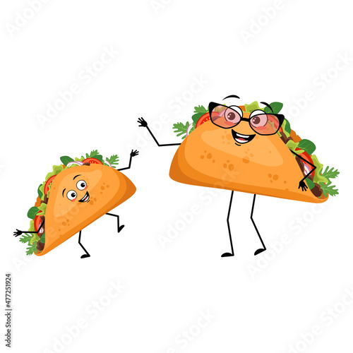 Cute character mexican taco with happy emotions, face, smile, eyes, arms and legs. Cheerful fast food, grandmother with glasses and grandson, sandwich with flatbread.