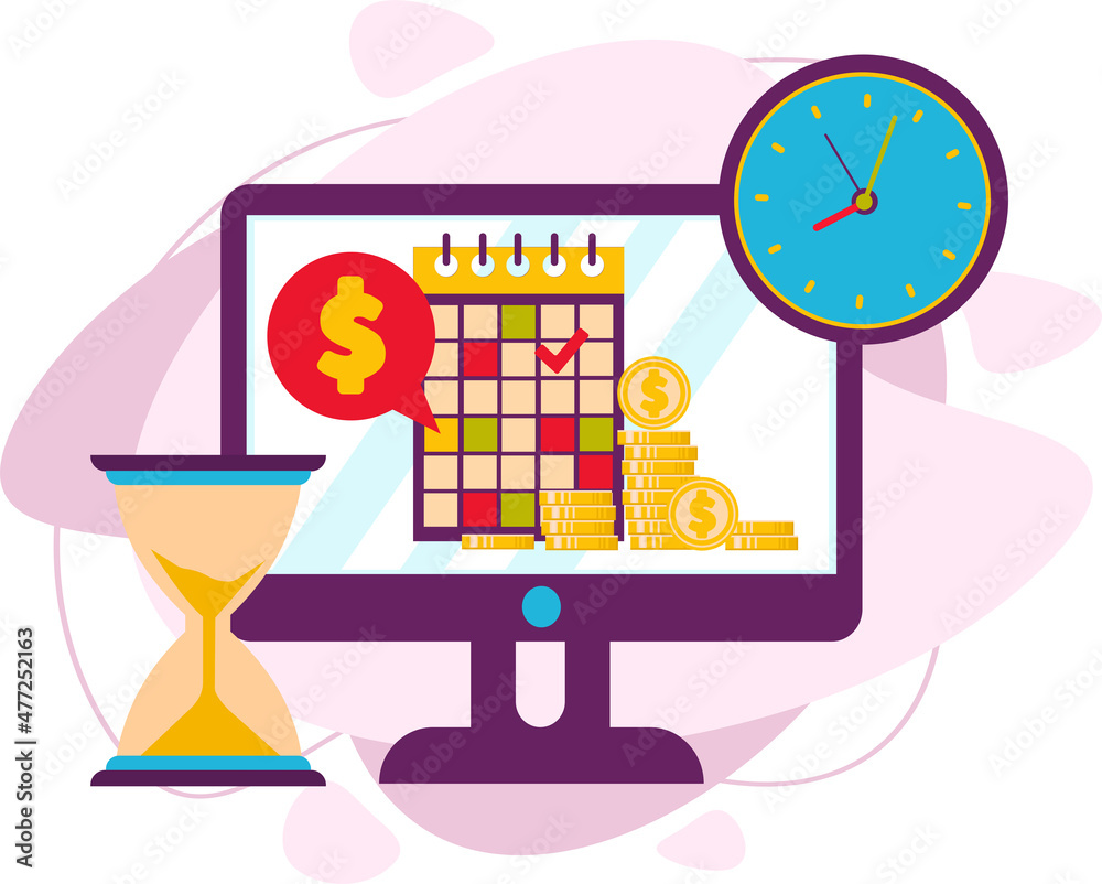 Naklejka premium Computer screen, calendar, hourglass, coin money. Business and startup. Time is money. Order completion dates.