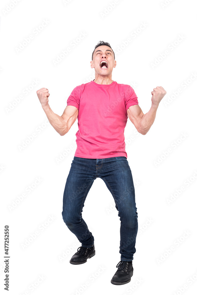 Fototapeta premium Hysterical guy with clenched fists shouting against white background